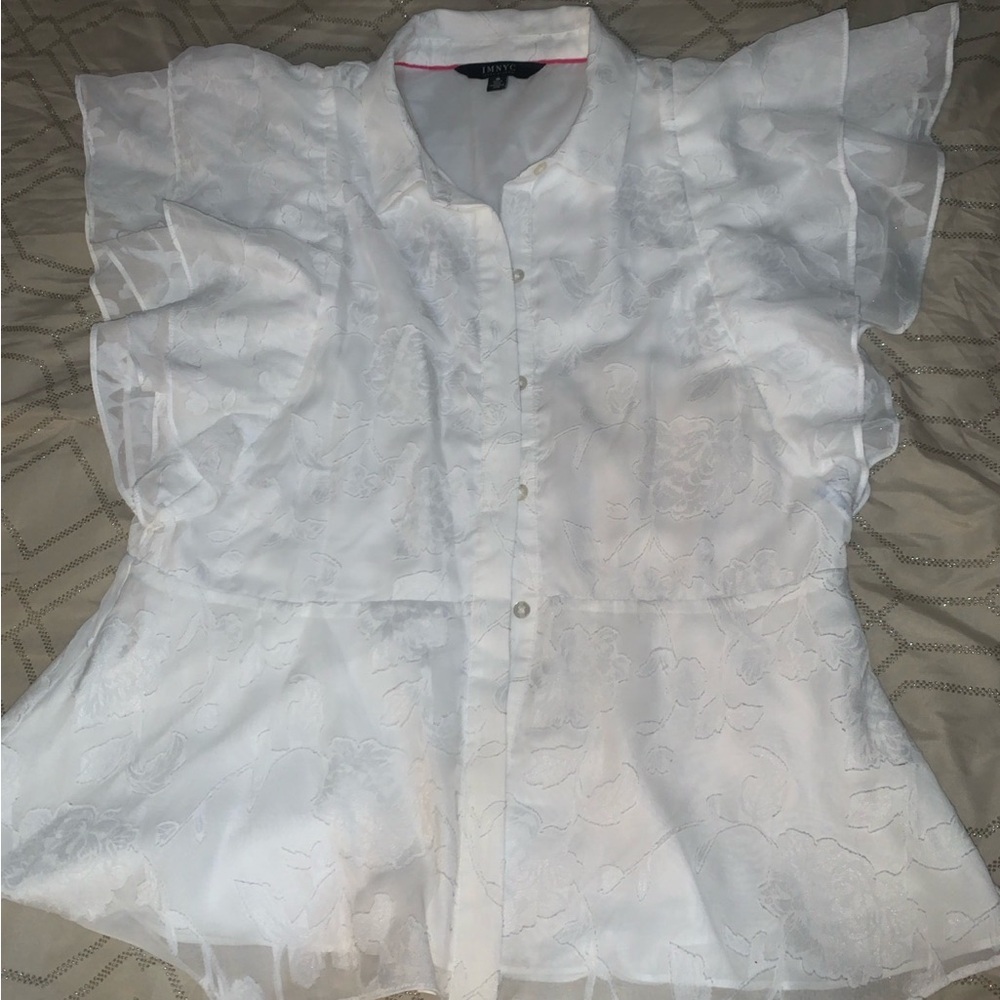 Isaac Mizrahi White Floral Jacquard Ruffle Peplum Blouse